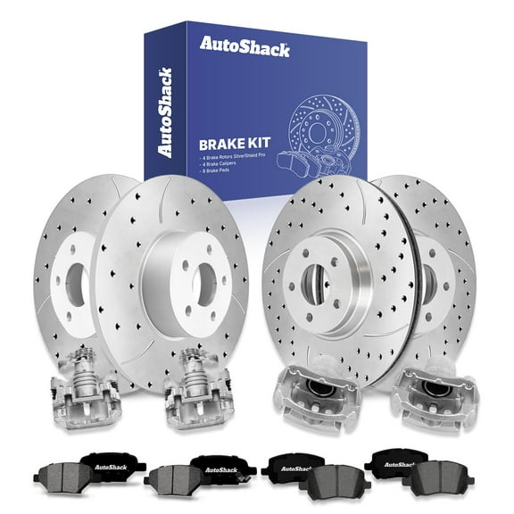 AutoShack Front & Rear Drilled Slotted Brake Rotors Premium Ceramic Brake Pads Calipers | Replacement for Pontiac G6 Chevrolet Malibu V6 FWD | Silver Zinc Coated | 16-PC Brake Kit | SilverShield Pro