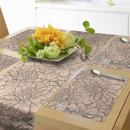 

Floral Table Runner & Placemats Beautifully Blooming Dahlias Close up Flowers Spring Time Nature Set for Dining Table Decor Placemat 4 pcs + Runner 14 x72 Peach Warm Taupe by Ambesonne