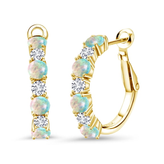 Gem Stone King 18K Yellow Gold Plated Silver White Opal and White Lab Grown Diamond Hoop Earrings for Women (2.60 Cttw, Gemstone October Birthstone, Round Cabochon 4MM and 3MM)