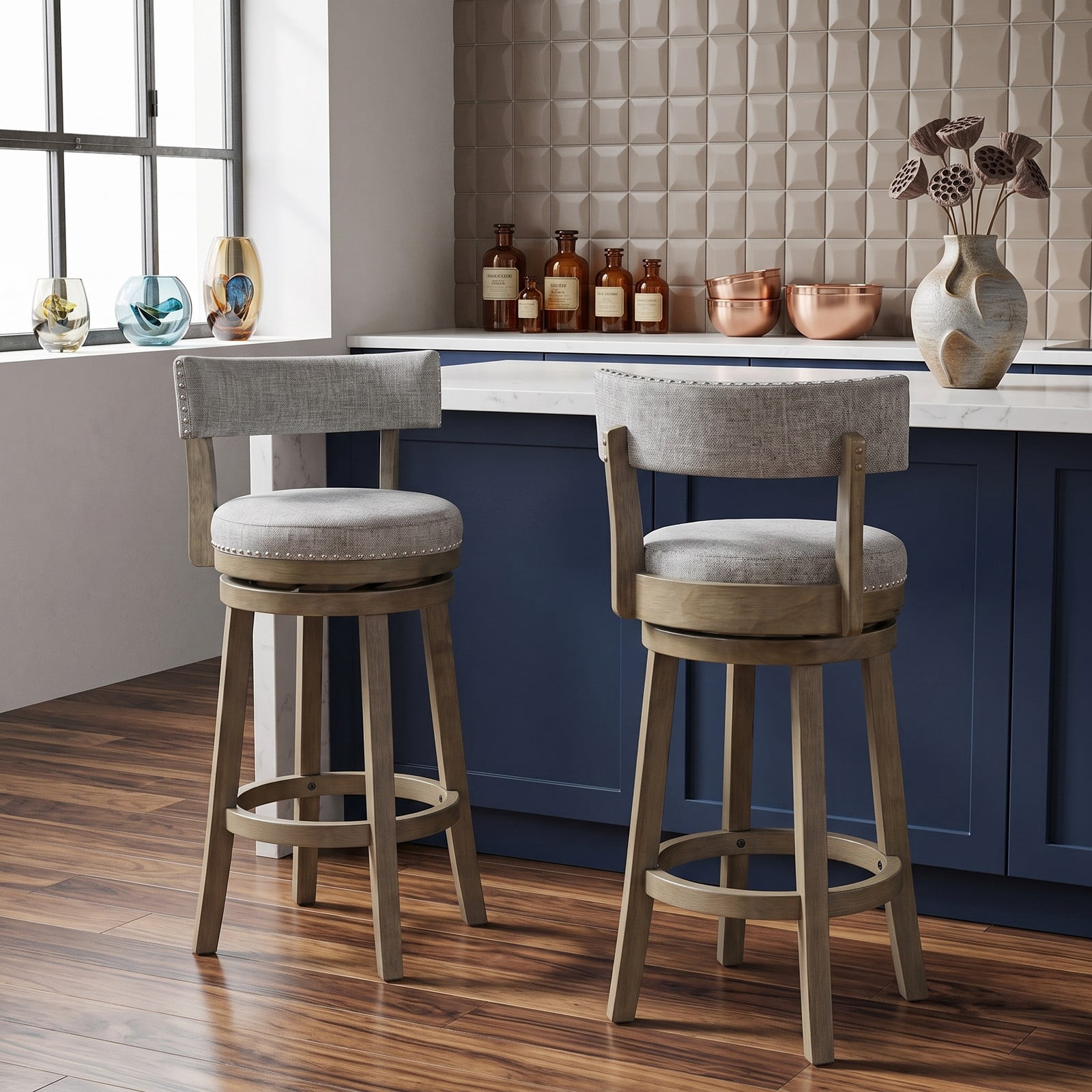 Furnibear Swivel Bar Stools Set of 2, 31.5 Inch Linen Fabric Upholstered Barstools with Curved Back and Nailhead Trim, 360-Degree Swivel Counter Height Kitchen, Gray