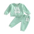 thumbnail image 1 of Sisters Matching 2Pcs Outfits  Letter Pattern Patchwork Long Sleeve  Neck Tops + Elastic Waist Loose Fit Trousers, 1 of 7