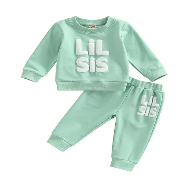 Sisters Matching 2Pcs Outfits Letter Pattern Patchwork Long Sleeve Neck Tops + Elastic Waist Loose Fit Trousers