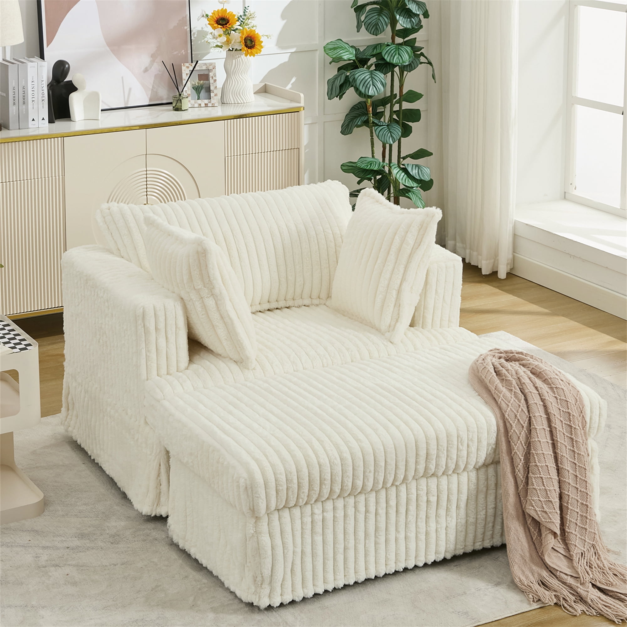 Aukfa 48" Inch Chaise Lounge, Oversized Sofa Chair with Ottoman, 3 Pillows, Corduroy, Beige