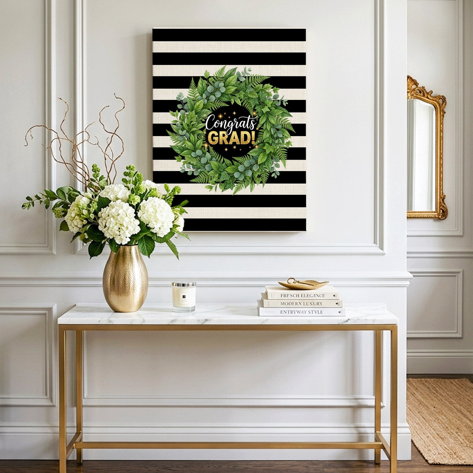 Graduate Season Canvas Wall Art for Living Room, Congrats Grad Bachelor's Cap Leaf Wreath Black Stripes Wall Decor Framed Artwork Pictures Ready to Hang for Bedroom Office Home Decor