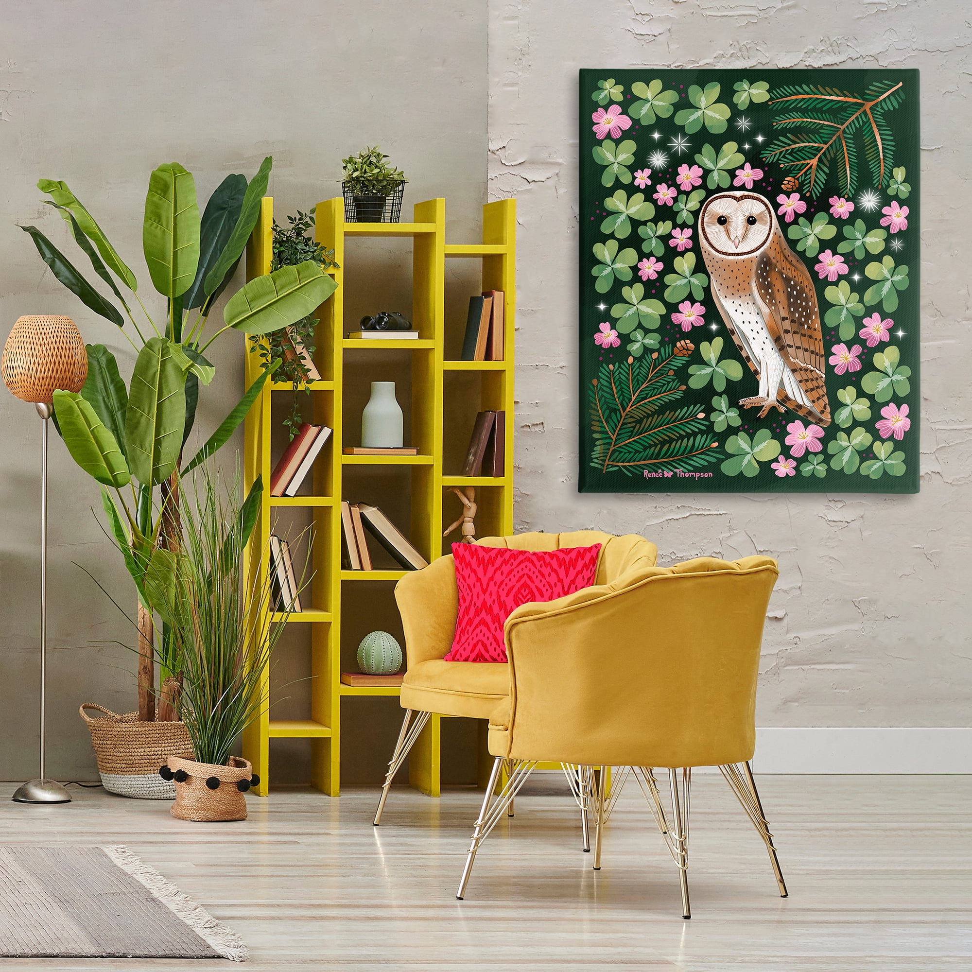 Stupell Industries Barn Owl & Botanicals Animals Painting Wrapped Canvas Art Print Wall Art, 36 x 48