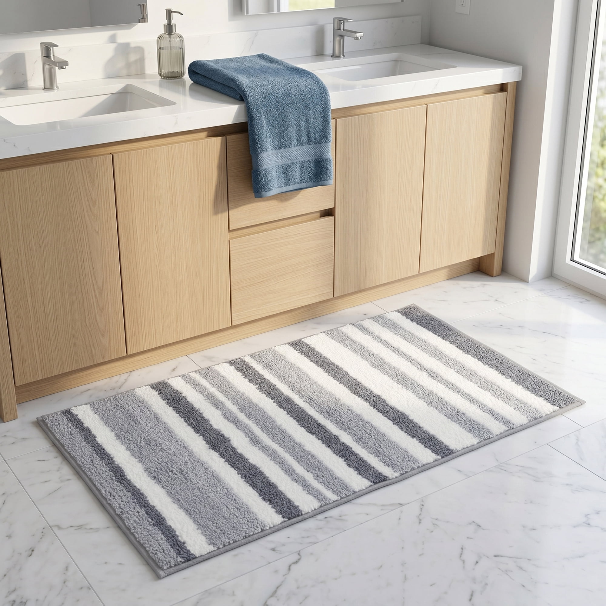 Unique Bargains Absorbent Striped Non Slip Quick Dry Washable Bath Mats Gray 30"x17"