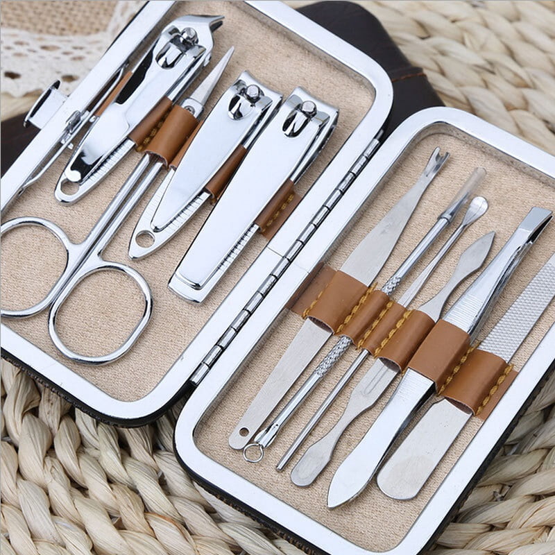 10pcs Professional Manicure Set Stainless Steel Nail Clipper Kit Pedicure Scissor Ear Pick Tweezer Nail Care Grooming Tool 11x6.8x2.3cm