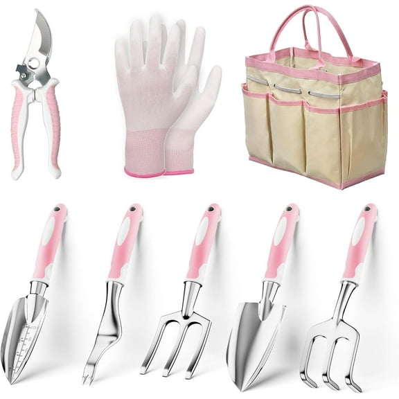 Garden Tools, 8 Piece Gardening Tools with Bag, Heavy Duty Stainless Steel Garden Tools Set, Outdoor Hand Tools, Ideal Garden Tool Kit Gifts for Women Pink.