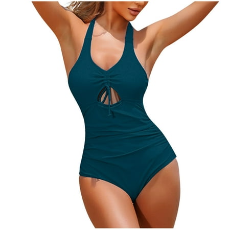 cocolona Womens One Piece Swimsuits with Built in Bra Sexy Halter Tie V Neck Backless Bathing Suits Solid Color Slim Swimwear