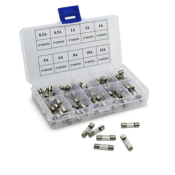 KAKOWELY Glass fuses kit 100pcs 5*20mm 10 Values Fast-blow Glass Fuses Quick Blow Car Glass Tube Fuses Assorted Kit Amp 0.2A / 0.5A / 1A / 2A / 3A/ 5A / 6A / 8A / 10A / 15A
