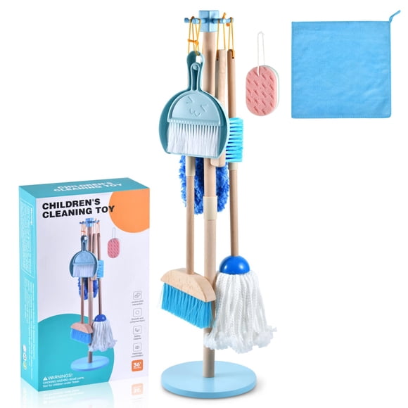 Set de limpieza WHOHOLL de madera para niños pequeños de 3 años o más, azul, con soporte