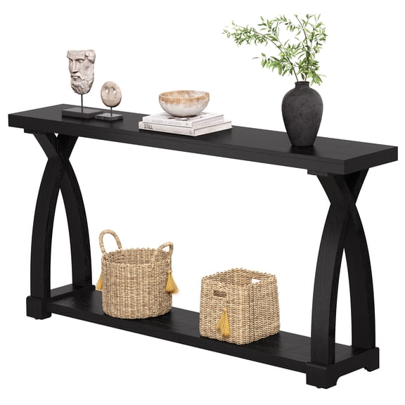 Tribesigns 63-Inch Narrow Black Solid Wood Console Table, Farmhouse Entryway Table Behind Sofa with 2-Tier Storage for Entrance, Foyer, Living Room