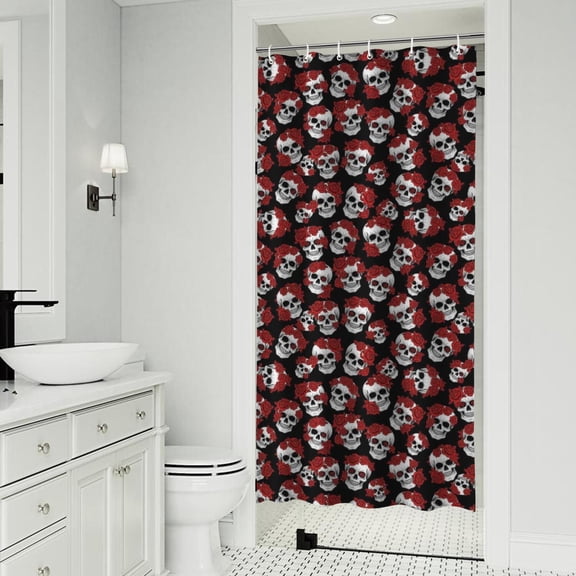 Black Red Rose Skull Pattern Shower Curtain 36"x72" ,Bathroom Decorative Shower Curtains Set with 12 Hooks,Modern Waterproof Washable Shower Curtain