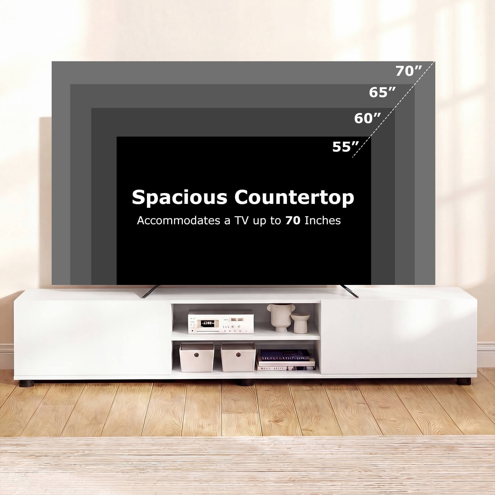 Costway TV Stand for up to 70” TVs, Media Console Table with Double Doors & Open Shelves White