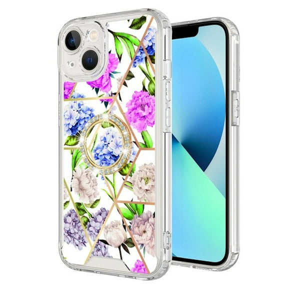 Shockproof Fusion Shield Tough Snap-on Case with Ring Grip for iPhone 14 - Flower