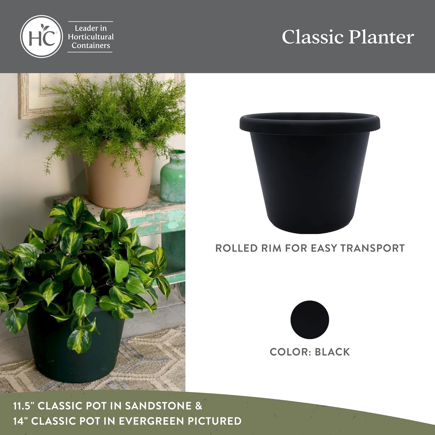 The HC Companies 14 Inch Round Classic Planter, Plastic Plant Pot, Black