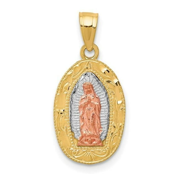 Finest Gold 10K Yellow with Rhodium Two-Tone White Lady of Guadalupe Oval Pendant