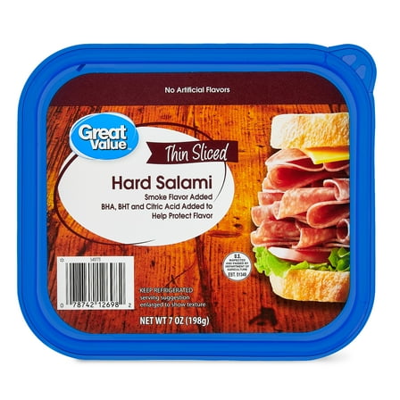 Great Value Hard Salami Lunchmeat, 7 oz, Re-Sealable Plastic Container, 5 g of Protein per 1 oz Serving