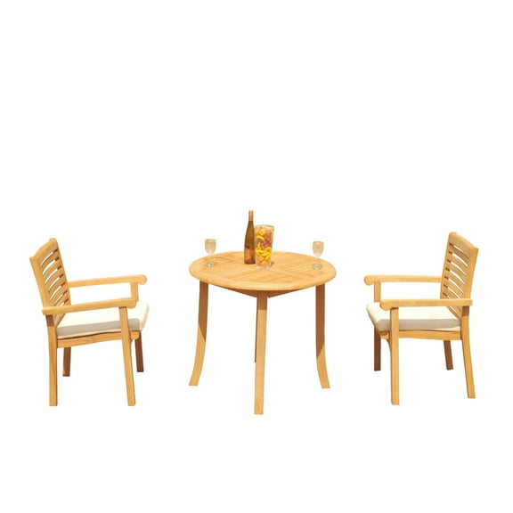 Grade-A Teak Dining Set: 2 Seater 3 Pc: 36" Round Table And 2 Hari Stacking Arm Chairs Outdoor Patio WholesaleTeak #51HR0703