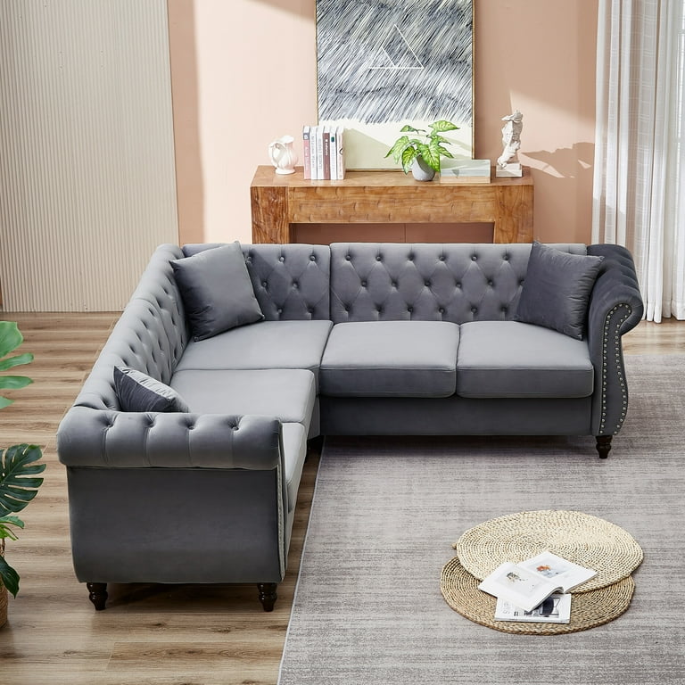 83.5 L Shaped Sectional Sofa with 3 Pillows Velvet Upholstered Button Tufted Chesterfield Sofa with Nailhead Trims Oversized Corner Sofa for Living