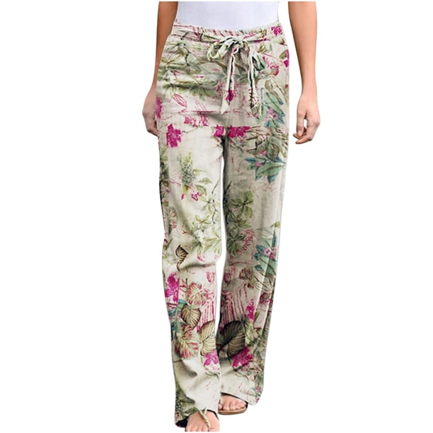 Pantalones de Cintura Alta Para Mujer Pantalones de Pierna Ancha Con Estampado Floral Elegante Con Estampado Vintage Odeerbi ODB-6