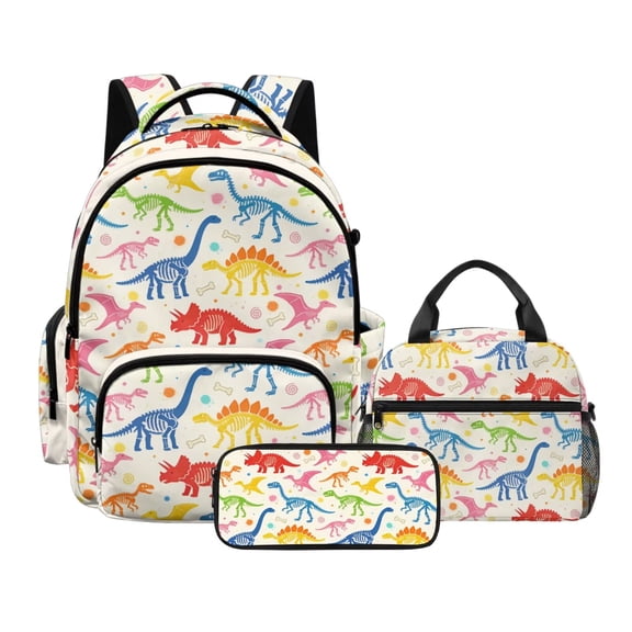 Kuiaobaty Dinosaur Bone Print Backpack Set with Lunch Bag for Kids 17 Inch Backpack and Pencil Case with Zipper Reusable Insulated Lunch Box and Pencil Pouch for School Camping
