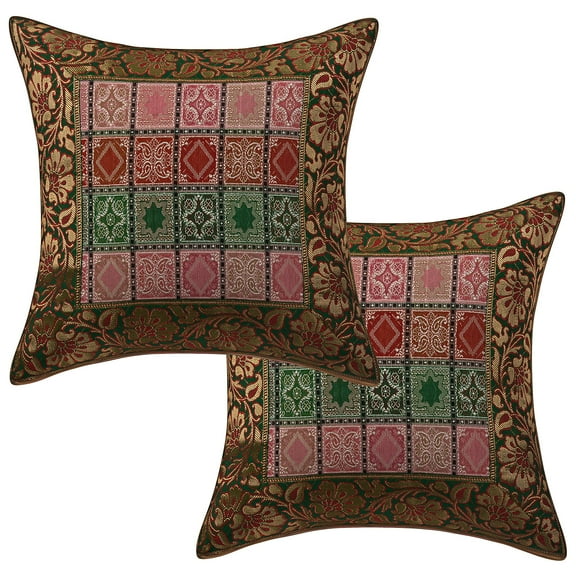 Stylo Culture Indian Settee Sofa Throw Pillow Covers 16 x 16 Jacquard Dark Green Traditional 40 x 40 cm Home Decor Brocade Floral Zippered Square Cushion Covers | Set Of 2