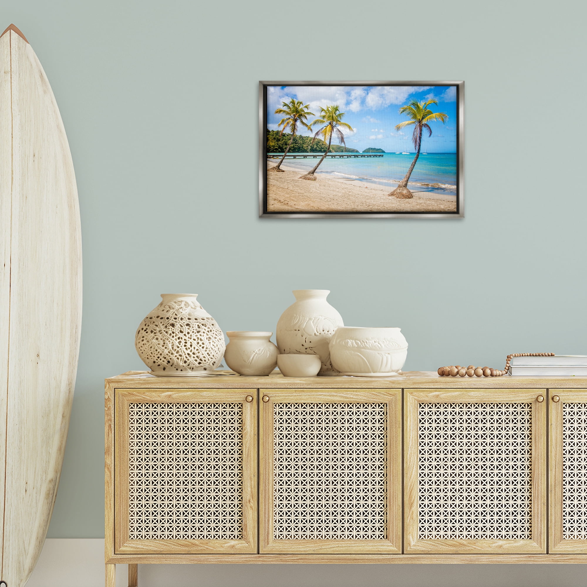 Stupell Industries Tropical Palm Tree Trio Nautical & Beach Photography Gray Floater Framed Canvas Art Print Wall Art, 25 x 17