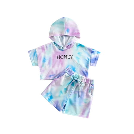

Frobukio Kids Toddler Girls 2Pcs Clothes Letter Printed Tie-Dye Short Sleeve Hooded Sweatshirt + Tie-Up Shorts Multi-color 3-4 Years