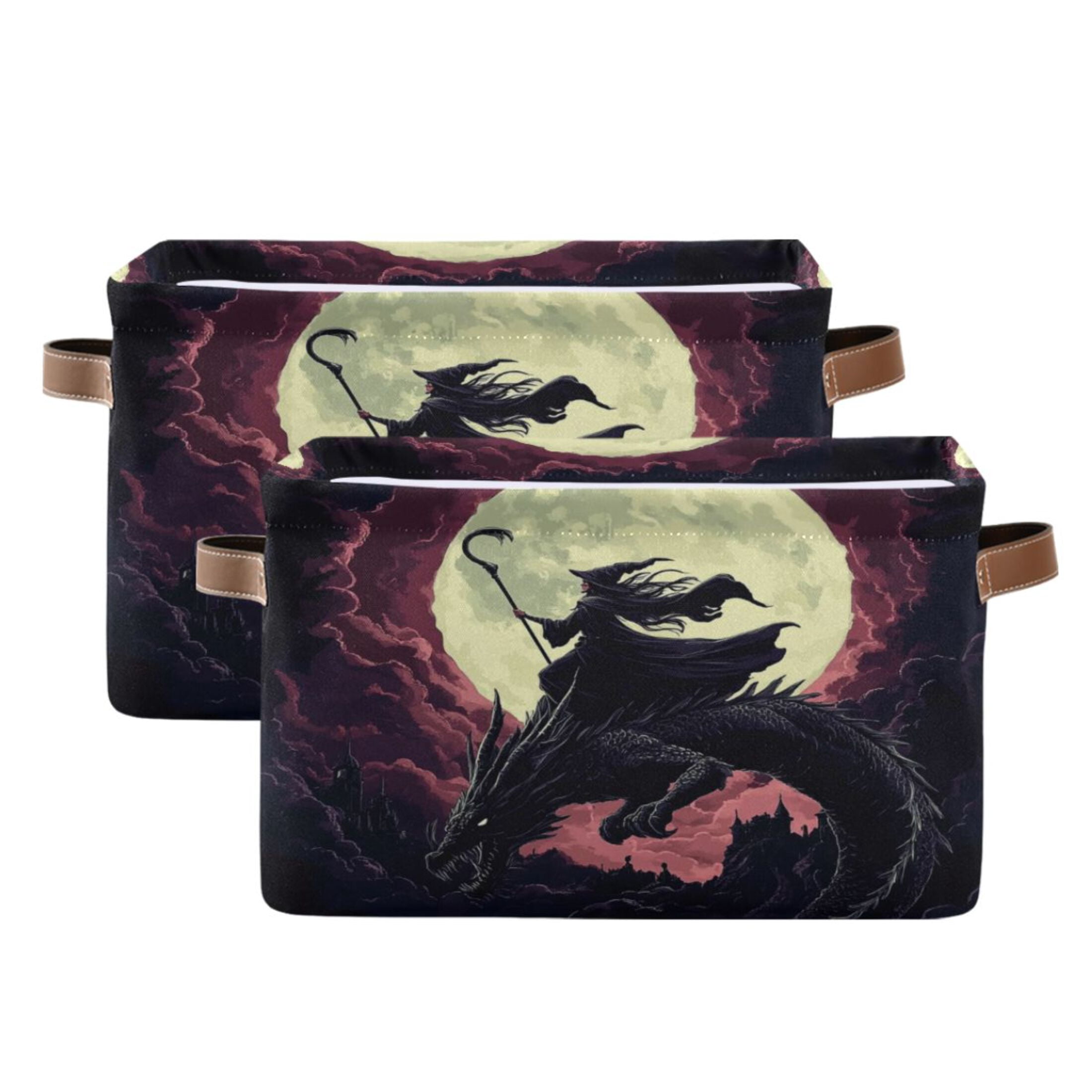 WOBOGO Witches and Black Dragon Square Storage Basket with Waterproof Canvas and PE Lining Durable PU Leather Handles 14.2×10.2×8.3in