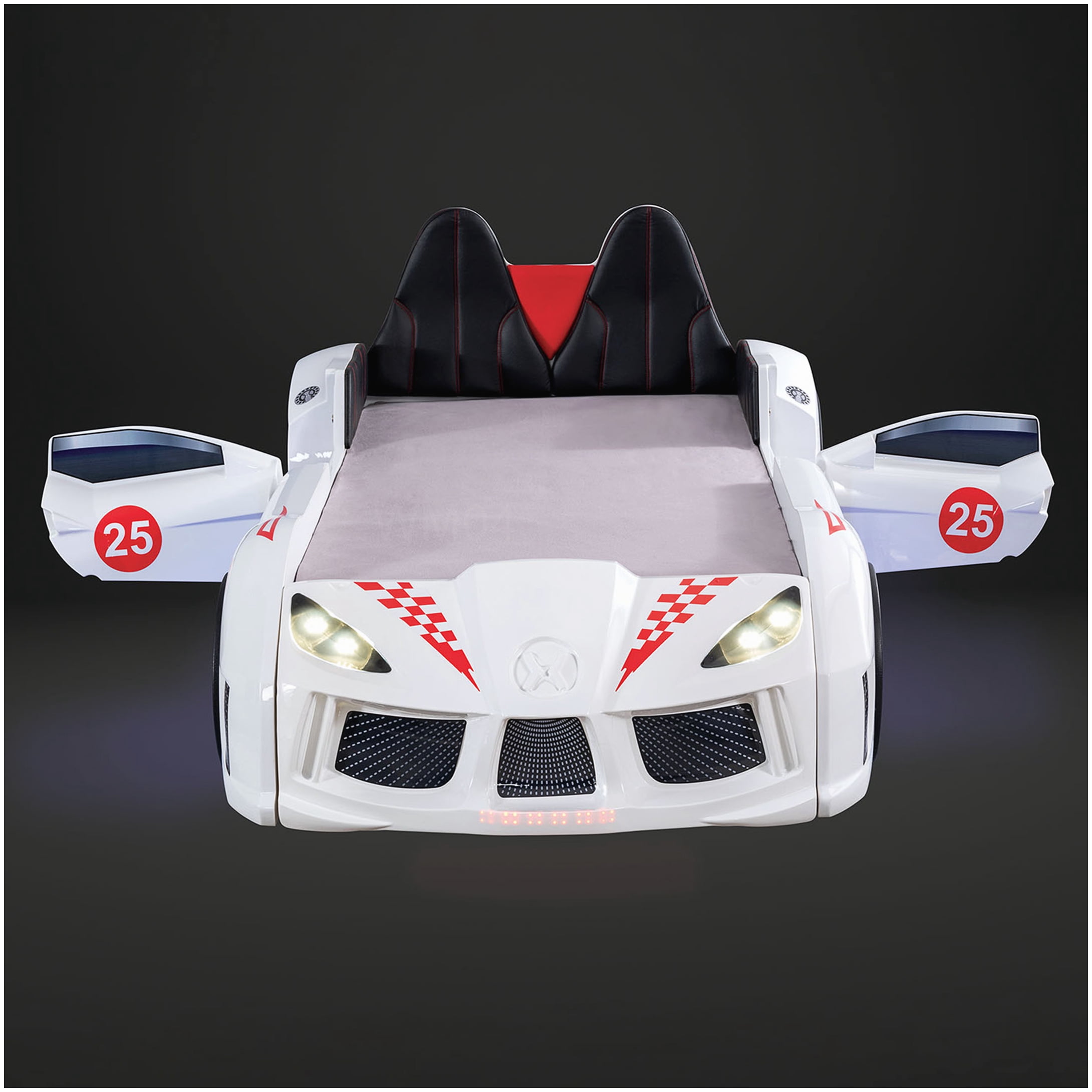 MANGIJOY Remote Controlled Twin Car Bed Frame with LED Underglow Lights and Music