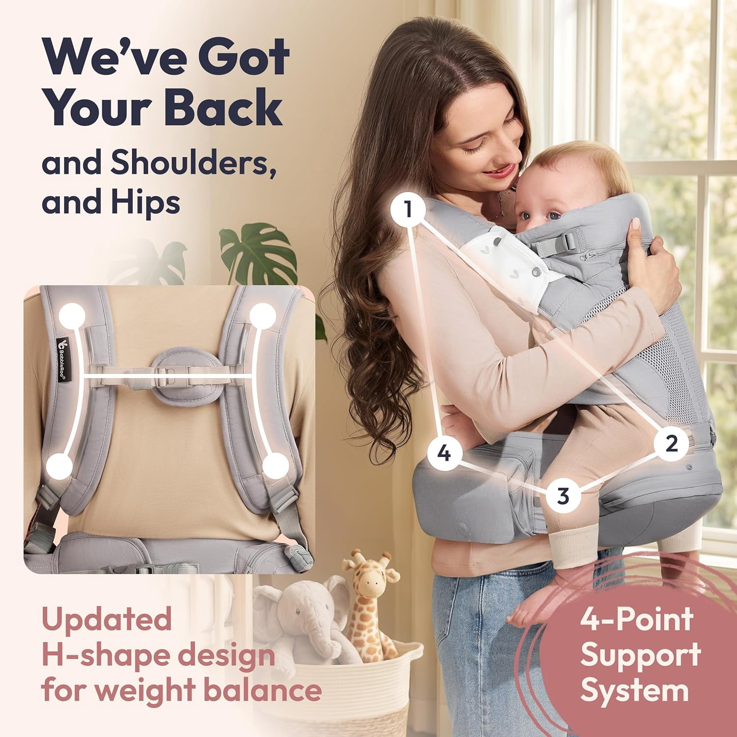 BabbleRoo Grow Plus Carrier – Safety Certified Organic Cotton Baby Carrier with Detachable Hip Seat, Infant to Toddler (7–50 lbs)- Light Gray