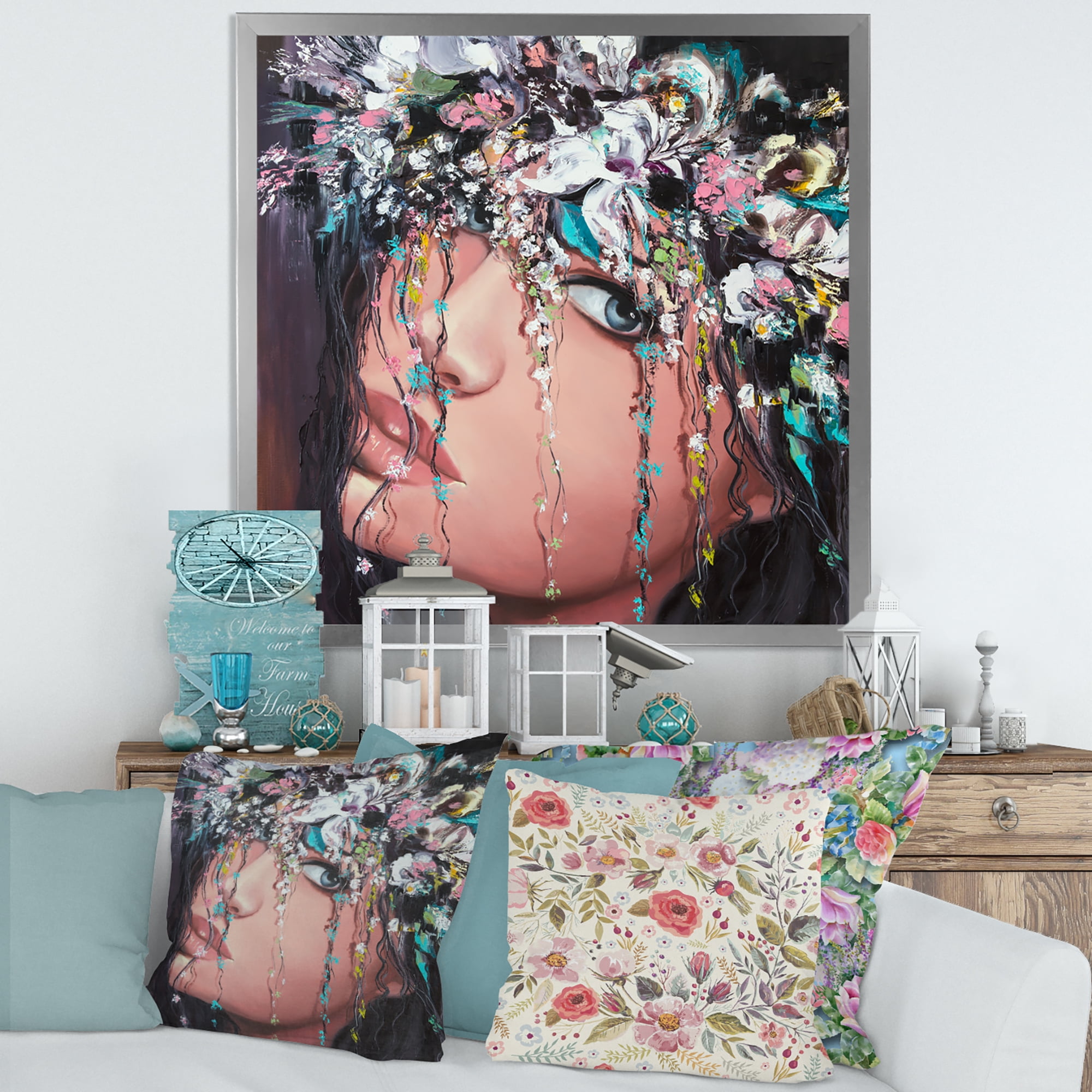 Designart 'Portrait Of A Young Woman With Flowers II' Modern Framed Art Print