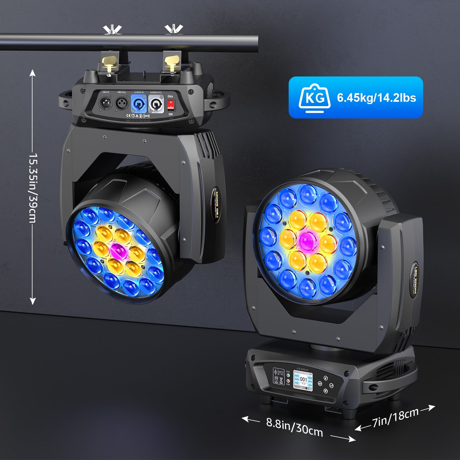 Moving Head Light LED 19x10W RGBW 4in1 Beam/Wash/Zoom Effect Stage Lights DMX512 Sound Activated DJ Lights for Party Wedding Disco