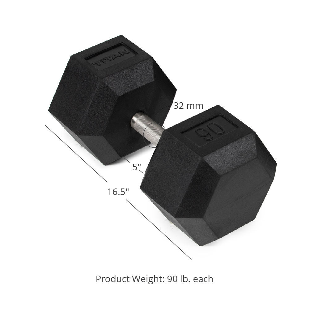 Titan Fitness 90 LB Pair Free Weights, Black Rubber Coated Hex Dumbbell, Straight Stainless Steel Handle, Strength Training, Full Body Workout