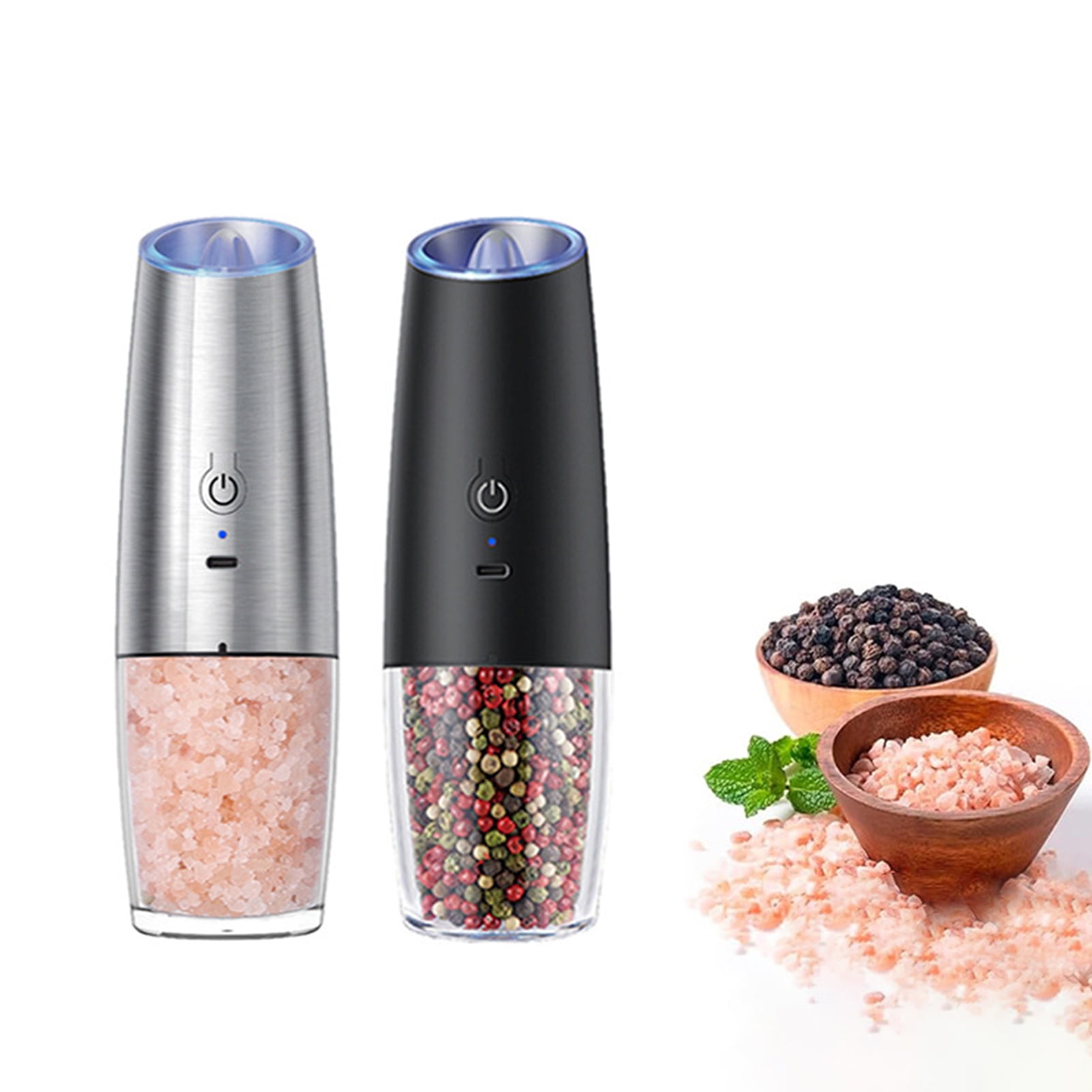 Electric Salt Pepper Grinder Set 6oz Capacity Adjustable Coarseness Pepper Shaker LED Light One Hand Operated Spice Grinder,Silver