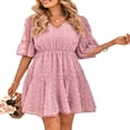 thumbnail image 3 of Femmes Midi Robe Manches Courtes V Cou Jacquard Solide Robe d'Été, 3 of 9