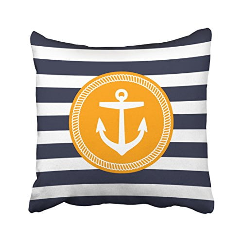 RYLABLUE Square Throw Pillow Covers Retro Navy And Orange Nautical Stripes And Anchor Round Pillowcases Polyester 18 X 18 Inch With Hidden Zipper Home Sofa Cushion Decorative Pillowcase