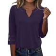 thumbnail image 3 of Craaazy Women Casual Tops Loose Fit Solid Color V Neck Lace Trim 3/4 Sleeve Blouses for Fall Gift, 3 of 9