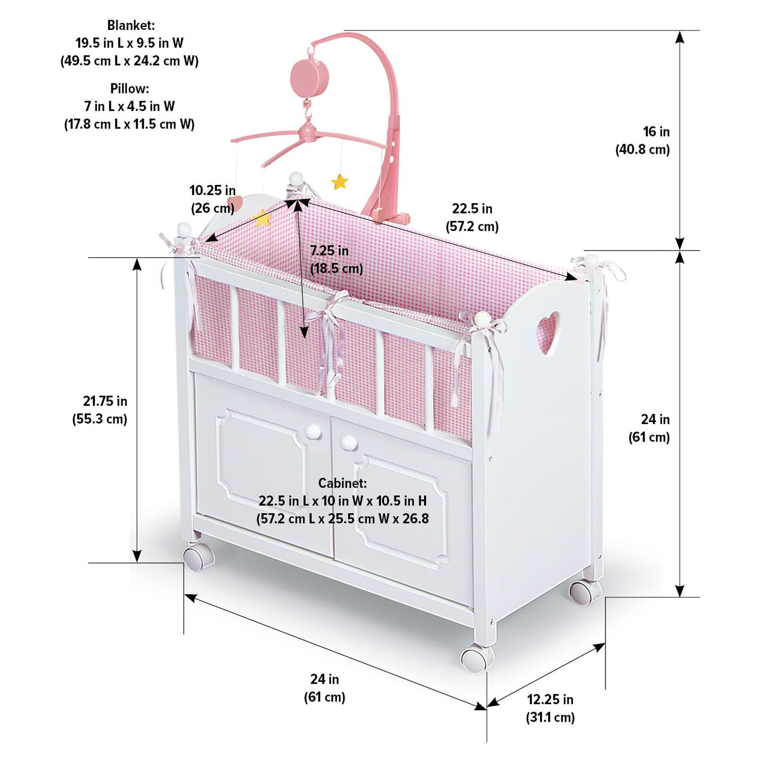 Badger Basket Cabinet Doll Crib with Gingham Bedding and Free Personalization Kit - White/Pink - image 5 of 13