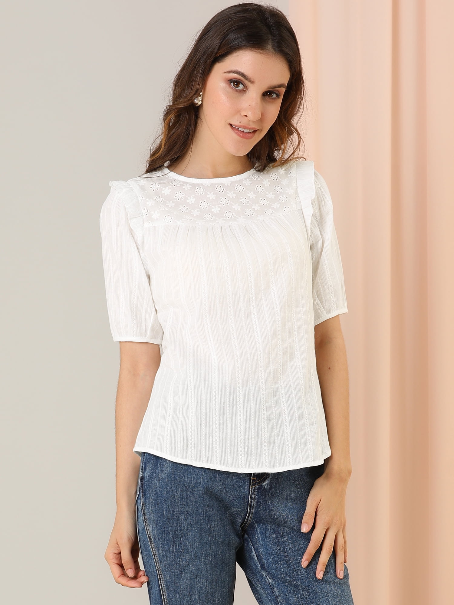 DARING DIVA Puff Shoulder Collarless Ruffle Blouse XS White