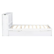 Euroco Full Size Wood Platform Bed with Trundle, Flexible 4-Tier Shelf in Headboard for Kids, White
