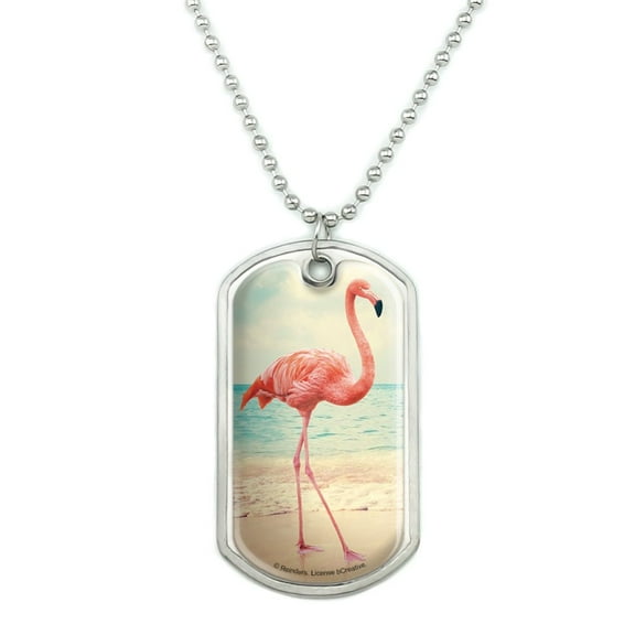 Flamingo on Beach Starfish Retro Military Dog Tag Pendant Necklace with Chain