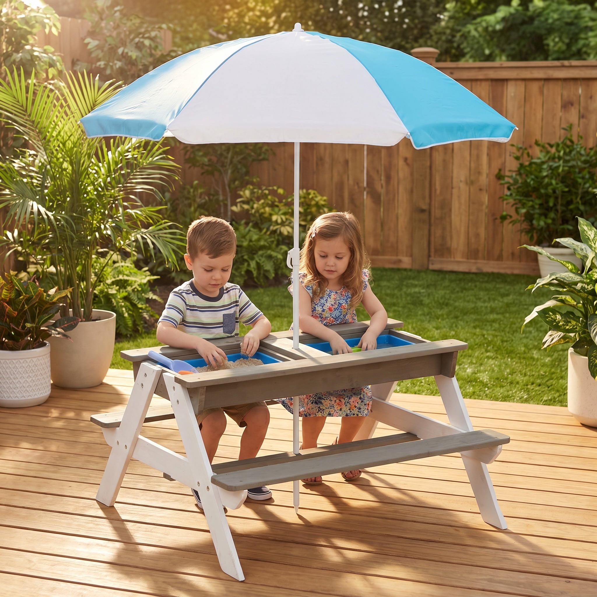 3-in-1 Cedar Wood Kids Picnic Sand Water Activity Table with 43 Inch Adjustable Umbrella, Outdoor Backyard Play Table Seats Up to 4 Kids Ages 3-8