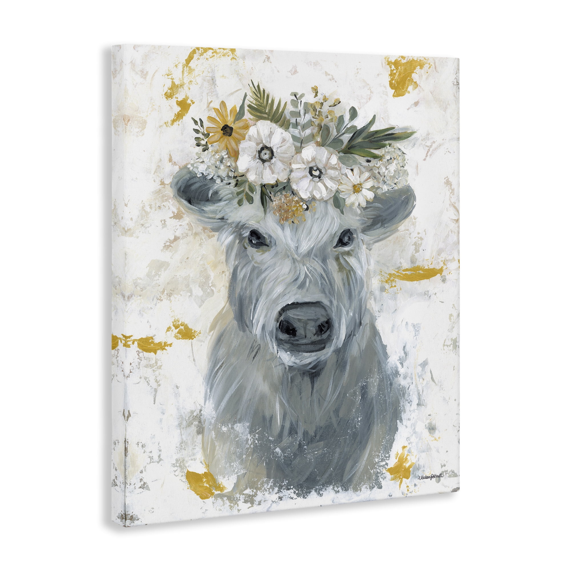 Stupell Industries Grey Cattle with Flowers Animals & Insects Painting Gallery Wrapped Canvas Art Print Wall Art, 30 x 40