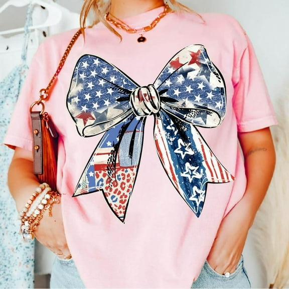 Coquette American Girl T-Shirt, 4th of July Bow Tee, Freedom USA Flag Shirt, Cute Patriotic T-Shirt, Retro America Independence Day Tee