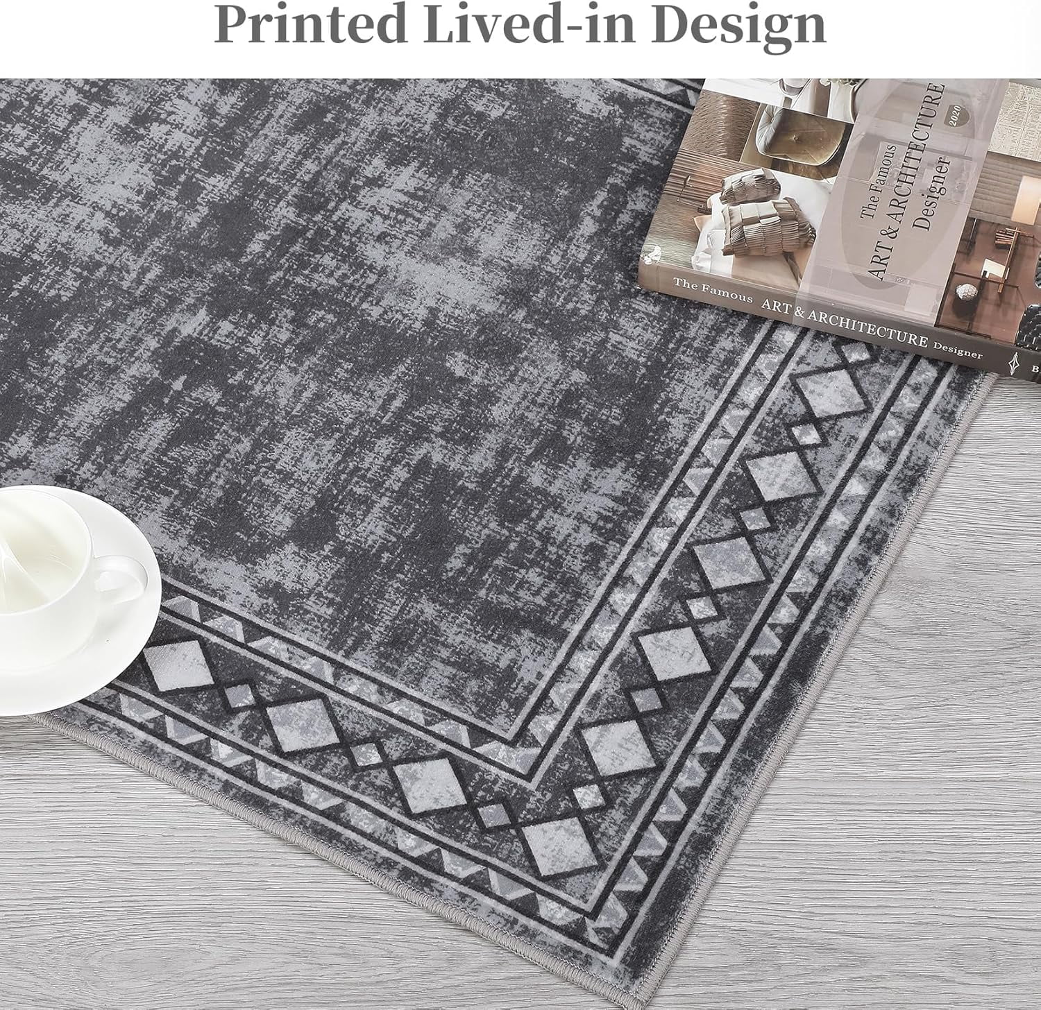 Runner for Hallway 2x6 Washable Kitchen Rug Non Slip Vintage Farmhouse Soft Grey Low Pile for Living Room Bedroom Decor Nursery