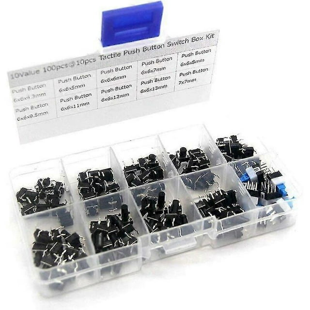10 Value 100 Pcs/Set Micro Tactile Button Switch Black Plastic Momentary Assortment Box Kit 50mA 12VDC