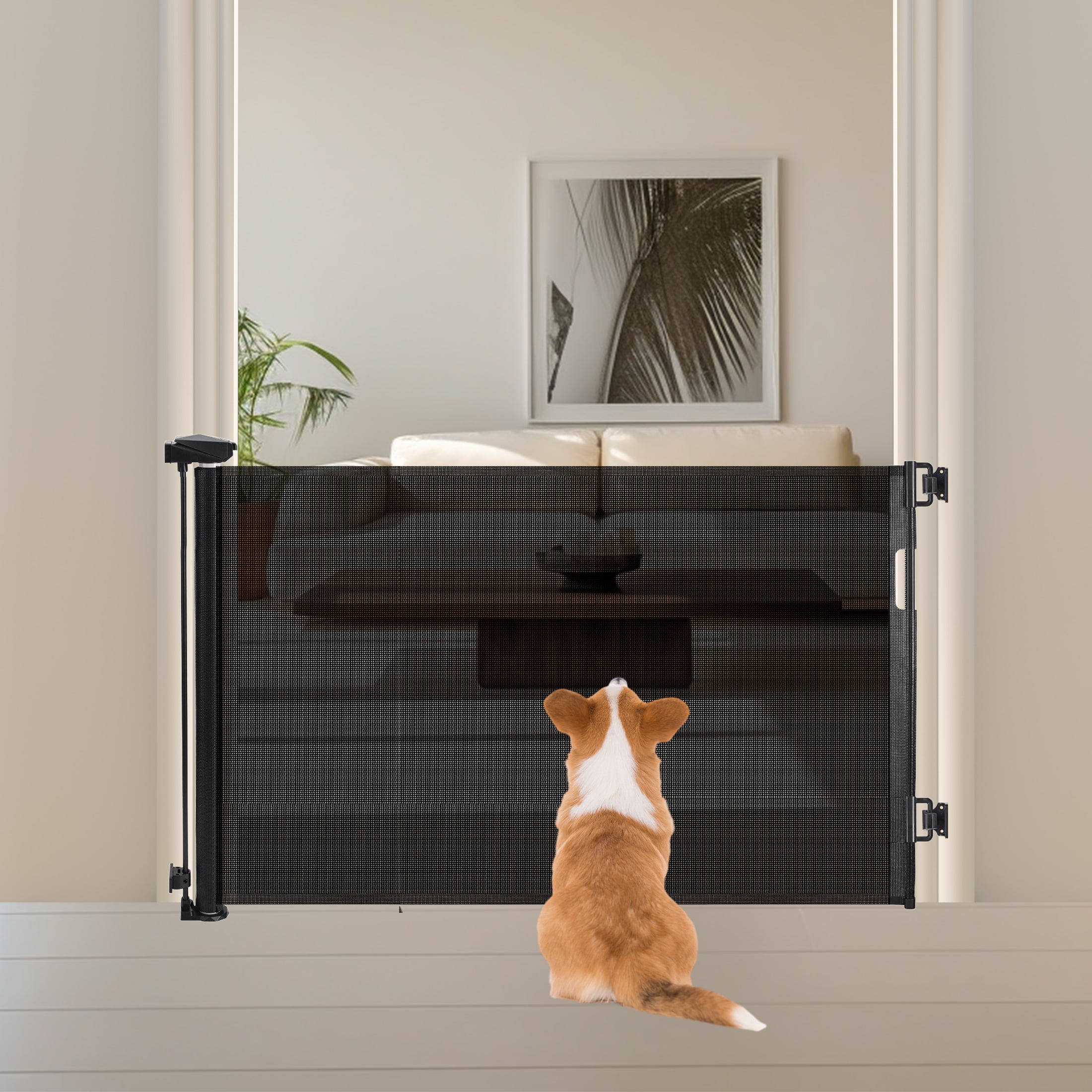 HioHa Hardware-Mounted Baby Gate, Retractable Safety Gate with Auto-Lock Mesh Barrier for Stairs & Doorways, Child Proof, Black