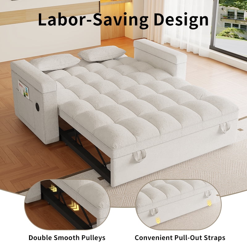avobird 65'' 3 in 1 Convertible Sleeper Sofa Bed, Pullout Sleeper Sofa with Hidden Side Table/Charging port/Hidden Storage, Modern Futon Sofa for Apartments, Off white